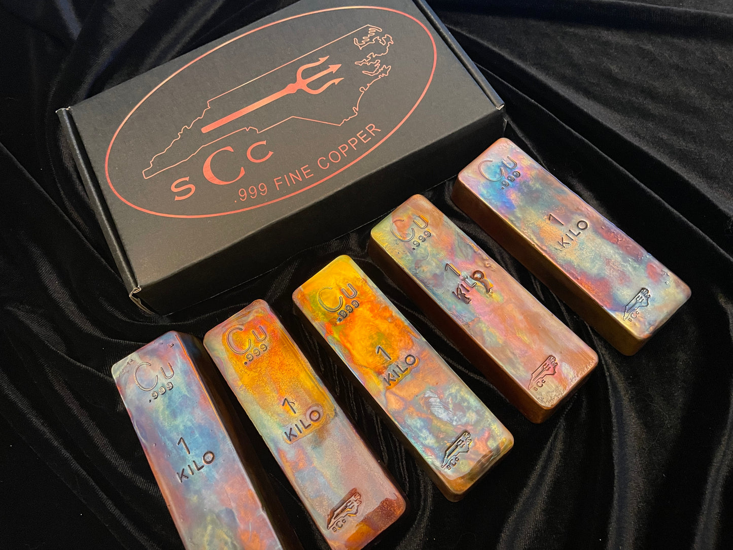 5 Pack Heat Painted Kilo Box .999 Handmade Copper Art Bullion