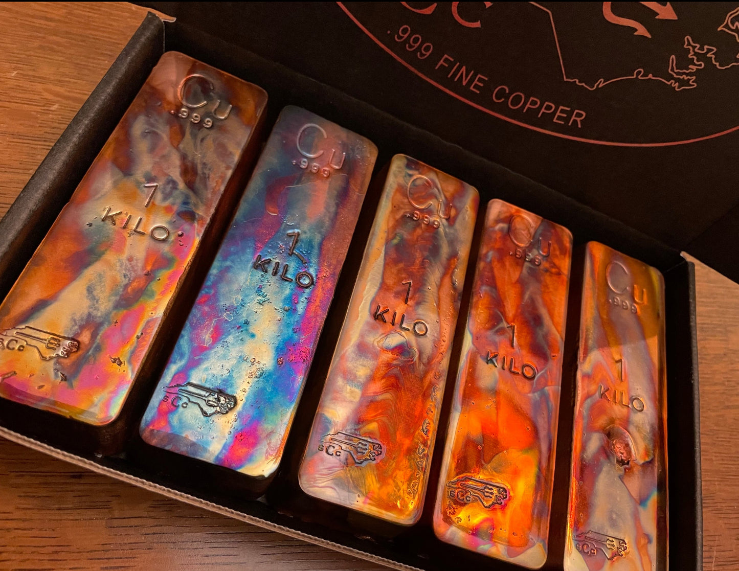 5 Pack Heat Painted Kilo Box .999 Handmade Copper Art Bullion